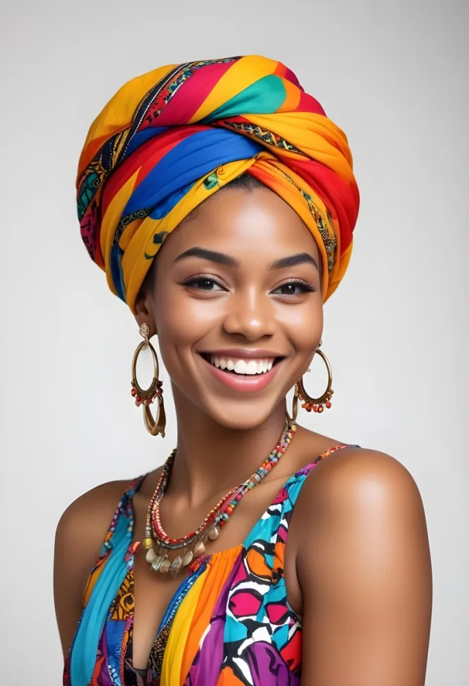 A Black Woman 23 Years Old Smiling With A Colorful African Turban Braided Hair And Earrings In A White Background 12 3578