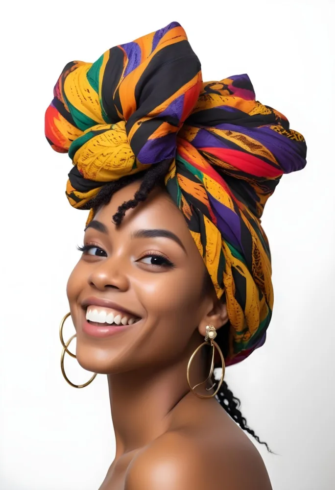 A Black Woman 23 Years Old Smiling With A Colorful African Turban Braided Hair And Earrings In A White Background 13 B98d