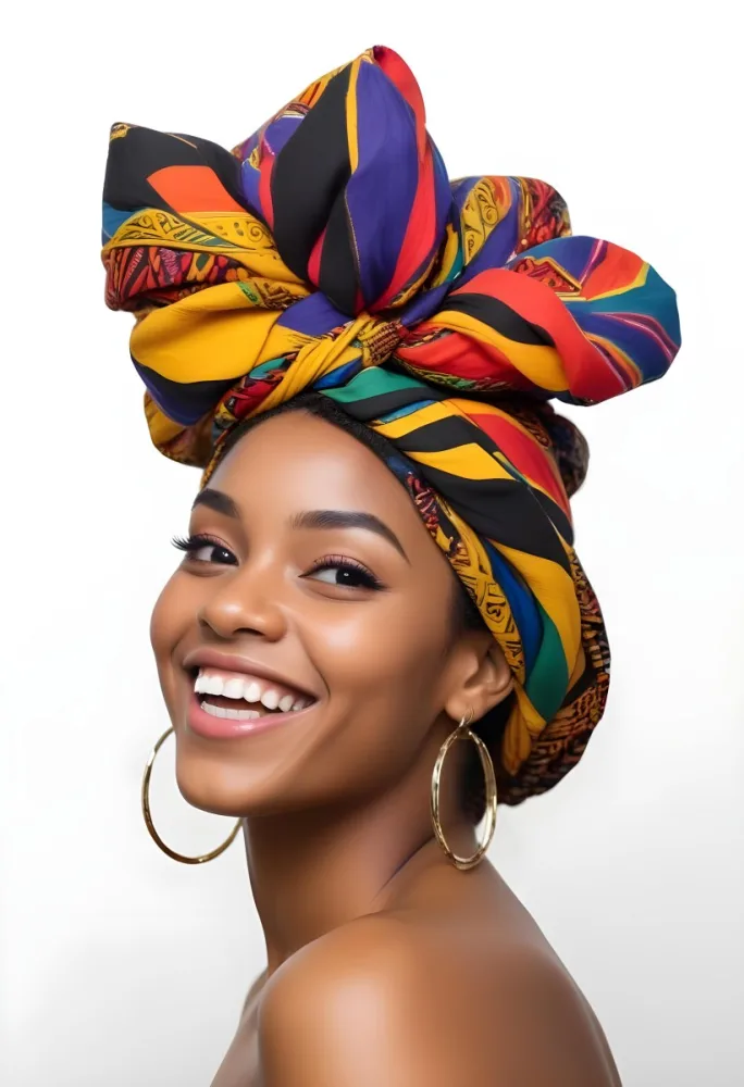 A Black Woman 23 Years Old Smiling With A Colorful African Turban Braided Hair And Earrings In A White Background 18 C282