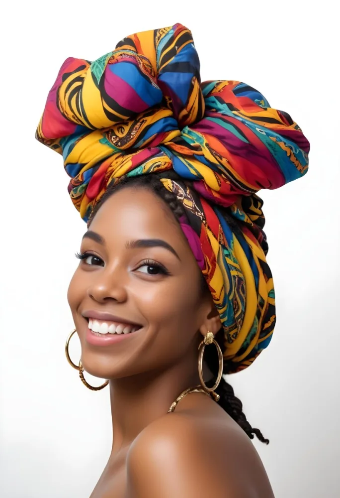 A Black Woman 23 Years Old Smiling With A Colorful African Turban Braided Hair And Earrings In A White Background 33 5fef