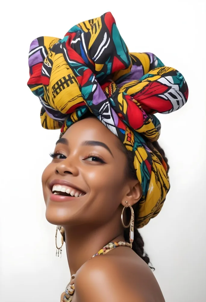 A Black Woman 23 Years Old Smiling With A Colorful African Turban Braided Hair And Earrings In A White Background 4 Ab64
