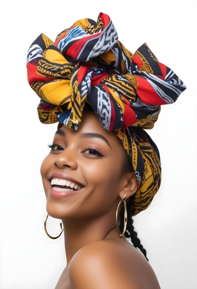 A Black Woman 23 Years Old Smiling With A Colorful African Turban Braided Hair And Earrings In A White Background 51 30d9