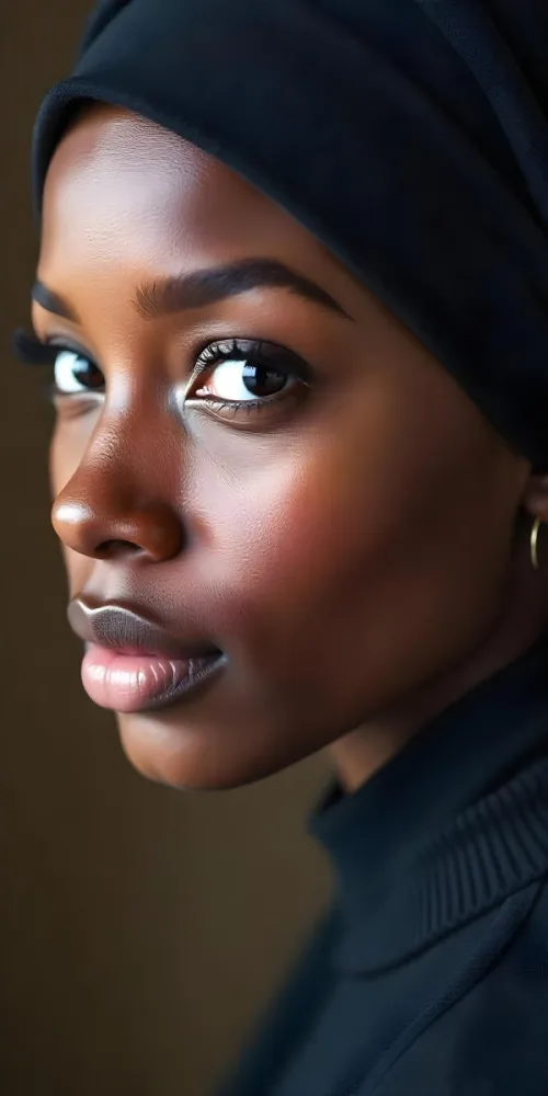 A Black Woman 23 Years Old With A Black Hijab Light Brown Eyes Light Brown Lips Long Eyelashes Perfect Skin In A Brown Background 12 5843