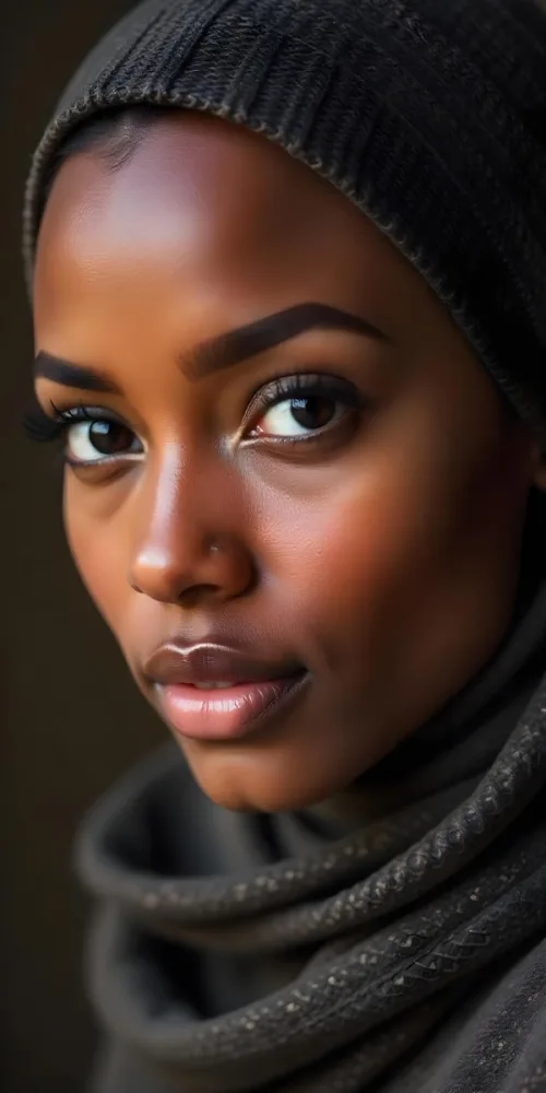 A Black Woman 23 Years Old With A Black Hijab Light Brown Eyes Light Brown Lips Long Eyelashes Perfect Skin In A Brown Background 17 Ed73