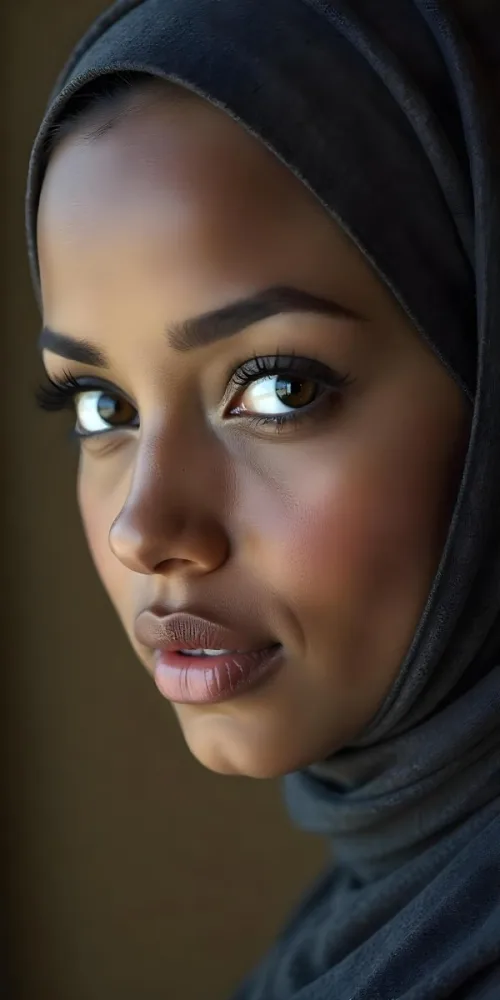 A Black Woman 23 Years Old With A Black Hijab Light Brown Eyes Light Brown Lips Long Eyelashes Perfect Skin In A Brown Background 18 4cb5