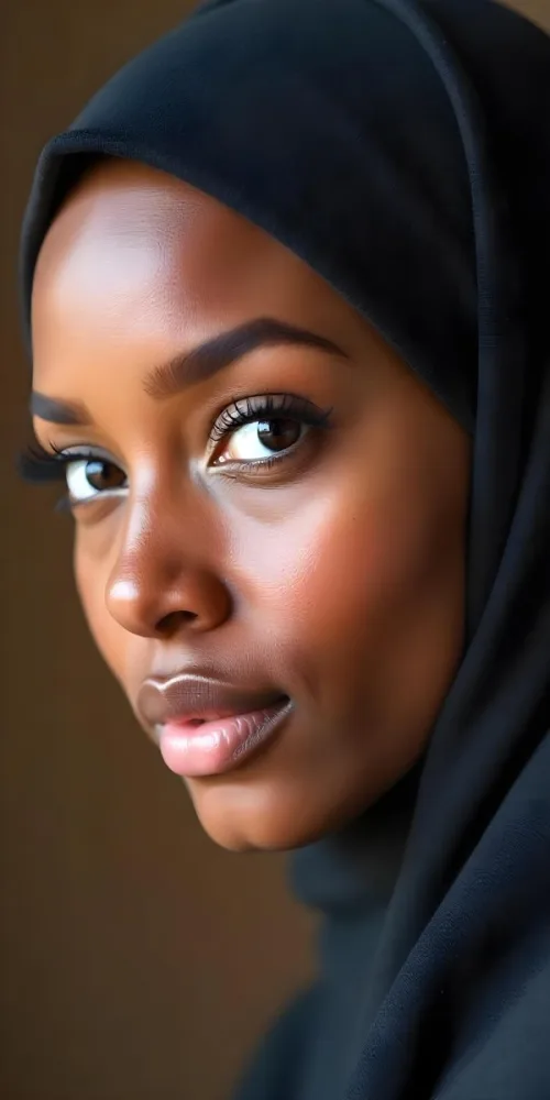 A Black Woman 23 Years Old With A Black Hijab Light Brown Eyes Light Brown Lips Long Eyelashes Perfect Skin In A Brown Background 21 5eb9