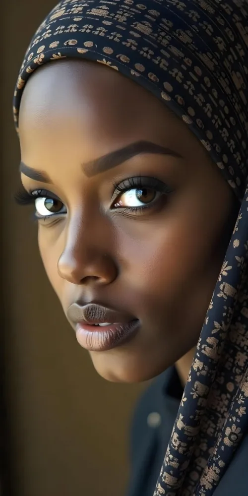 A Black Woman 23 Years Old With A Black Hijab Light Brown Eyes Light Brown Lips Long Eyelashes Perfect Skin In A Brown Background 28 23d3