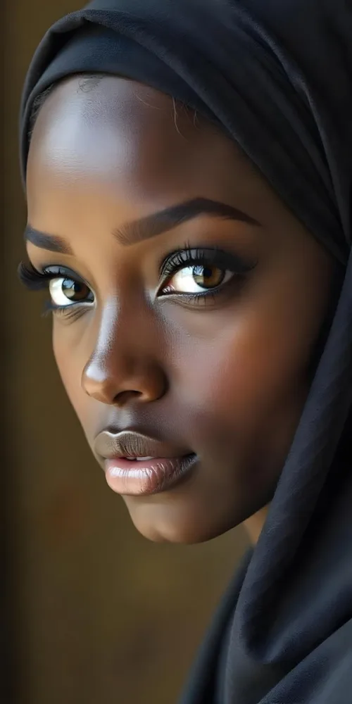 A Black Woman 23 Years Old With A Black Hijab Light Brown Eyes Light Brown Lips Long Eyelashes Perfect Skin In A Brown Background 30 5220