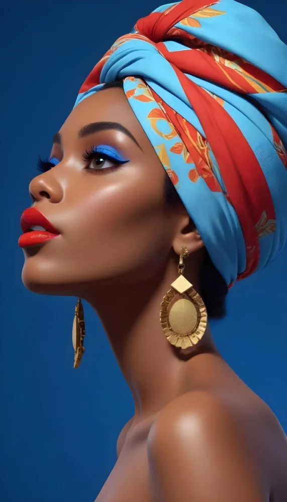 A Black Woman 23 Years Old With A Colorful Turban And Earrings Blue Eyeshadow And Red Lips In A Blue Background 16 Cbca
