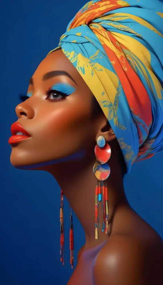 A Black Woman 23 Years Old With A Colorful Turban And Earrings Blue Eyeshadow And Red Lips In A Blue Background 18 D407