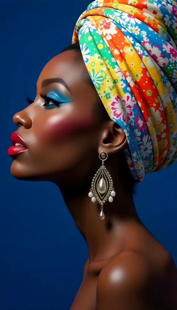 A Black Woman 23 Years Old With A Colorful Turban And Earrings Blue Eyeshadow And Red Lips In A Blue Background 41 836f