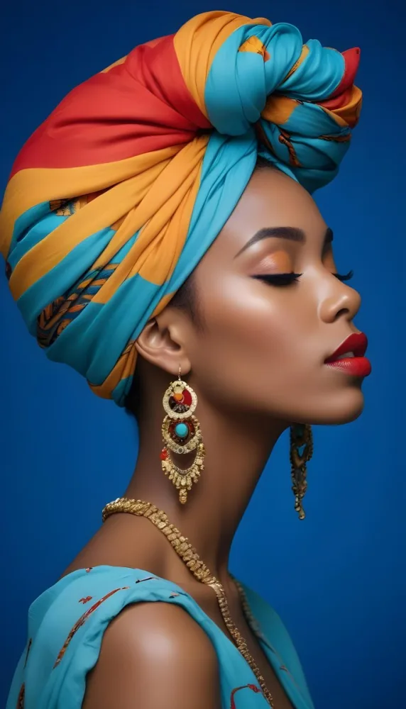 A Black Woman 23 Years Old With A Colorful Turban And Earrings Closed Eyes Red Lips In A Blue Background 14 8f9f