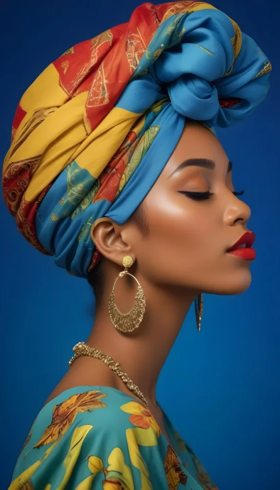 A Black Woman 23 Years Old With A Colorful Turban And Earrings Closed Eyes Red Lips In A Blue Background 15 7458