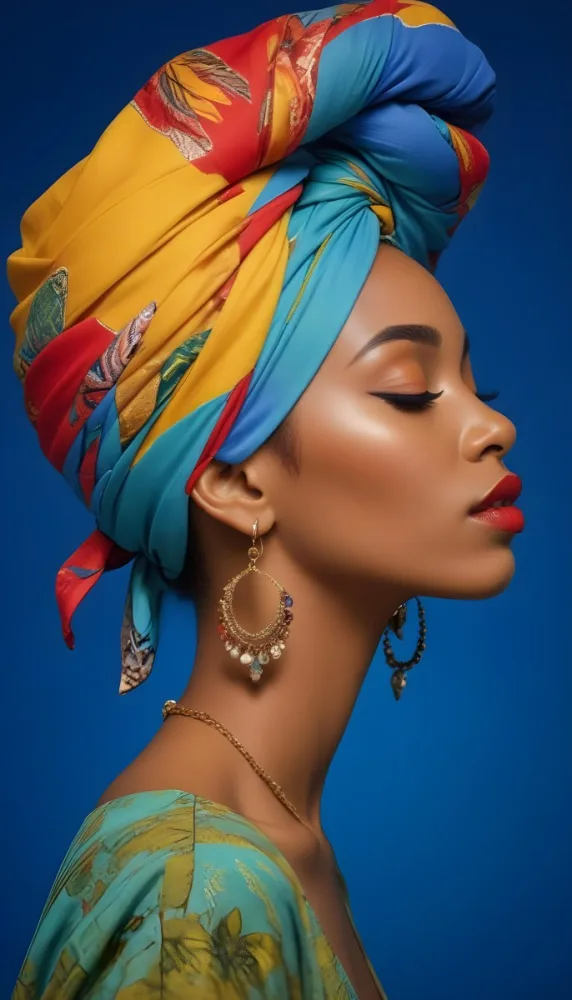 A Black Woman 23 Years Old With A Colorful Turban And Earrings Closed Eyes Red Lips In A Blue Background 19 F7de