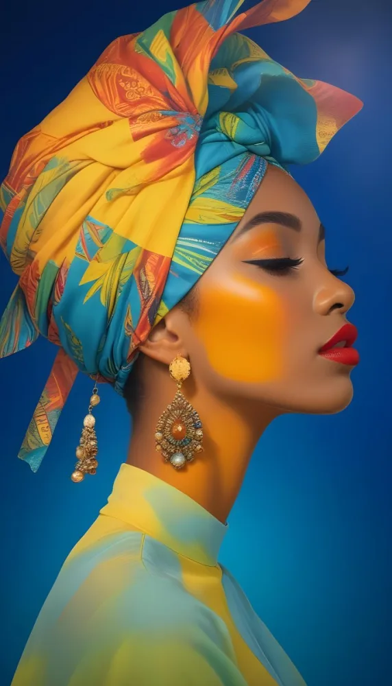 A Black Woman 23 Years Old With A Colorful Turban And Earrings Closed Eyes Red Lips In A Blue Background 21 A7af