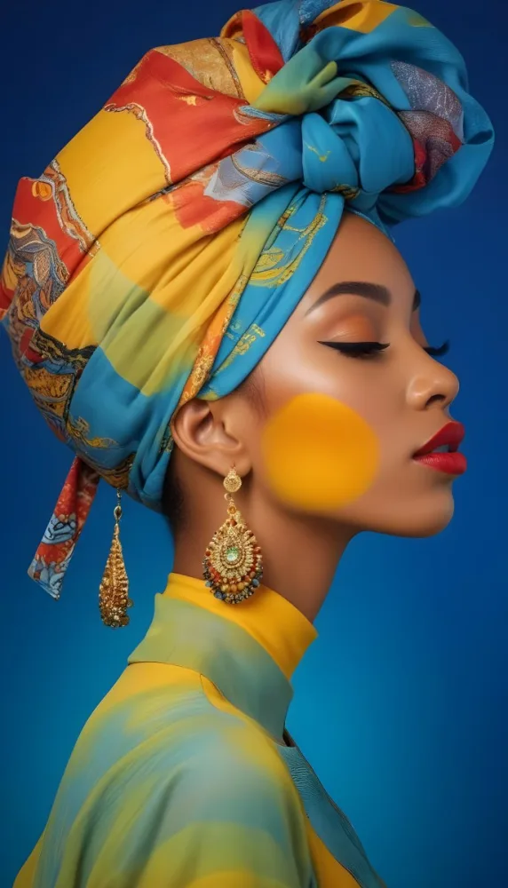 A Black Woman 23 Years Old With A Colorful Turban And Earrings Closed Eyes Red Lips In A Blue Background 23 3aa0