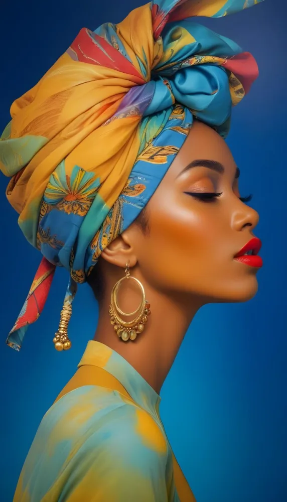 A Black Woman 23 Years Old With A Colorful Turban And Earrings Closed Eyes Red Lips In A Blue Background 26 5944