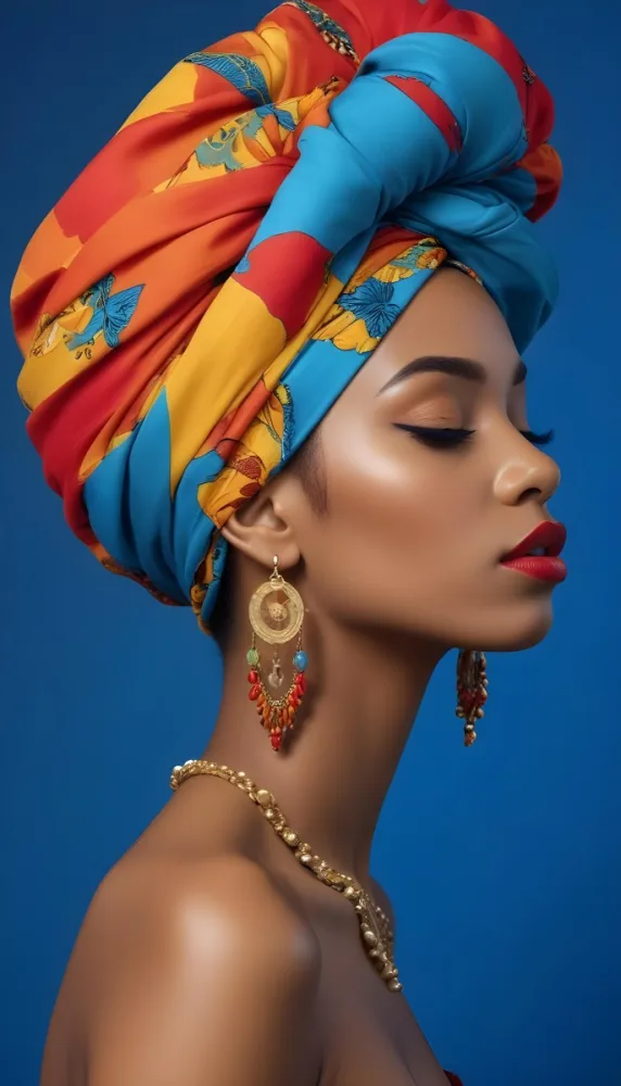 A Black Woman 23 Years Old With A Colorful Turban And Earrings Closed Eyes Red Lips In A Blue Background 36 3262