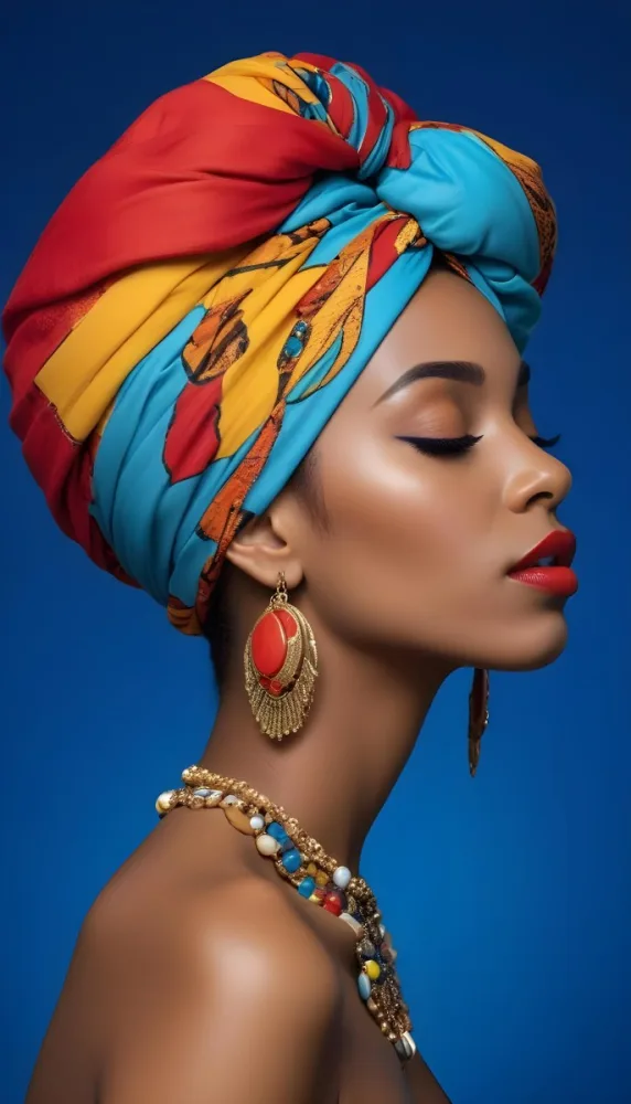 A Black Woman 23 Years Old With A Colorful Turban And Earrings Closed Eyes Red Lips In A Blue Background 38 5f0c