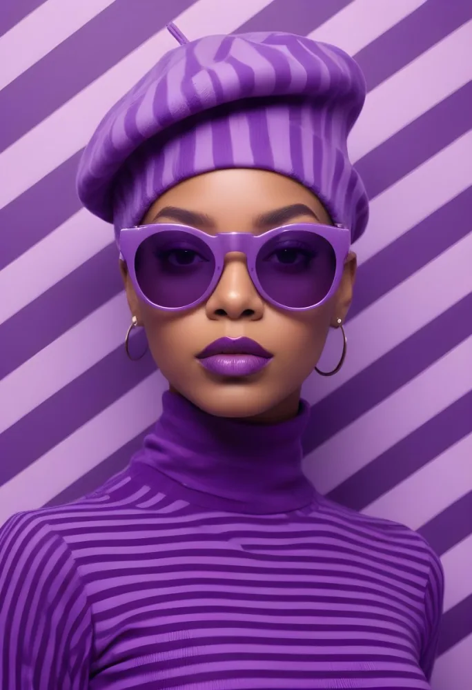 A Black Woman 23 Years Old With A Purple Beret And Sunglasses Purple Lipstick Wearing A Purple Striped Turtleneck In Front Of A Purple Geometric Background 10 C313