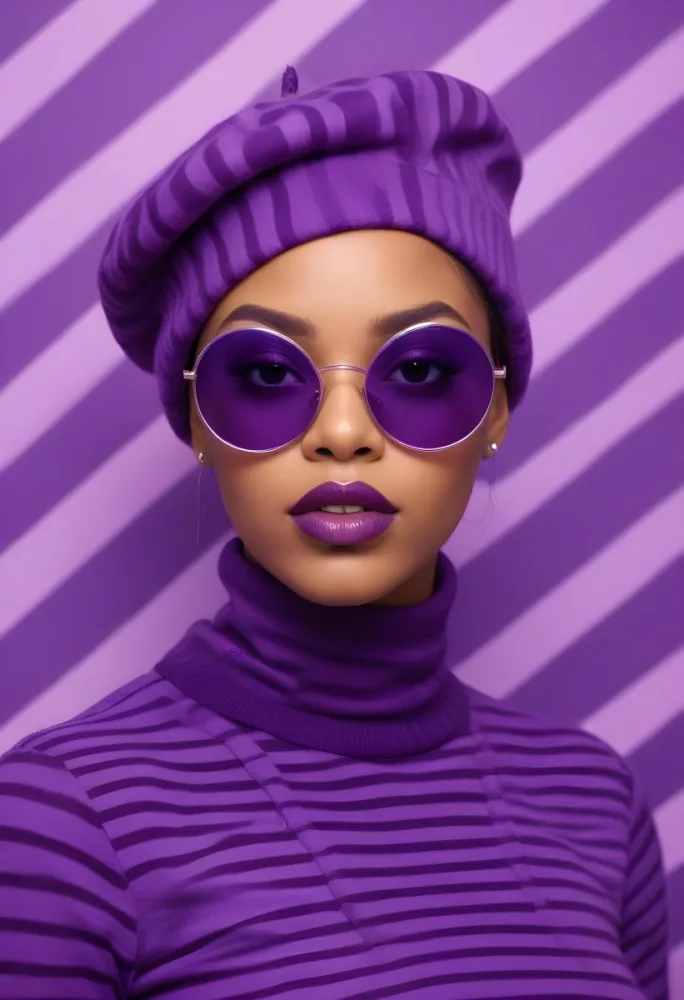 A Black Woman 23 Years Old With A Purple Beret And Sunglasses Purple Lipstick Wearing A Purple Striped Turtleneck In Front Of A Purple Geometric Background 2 4049