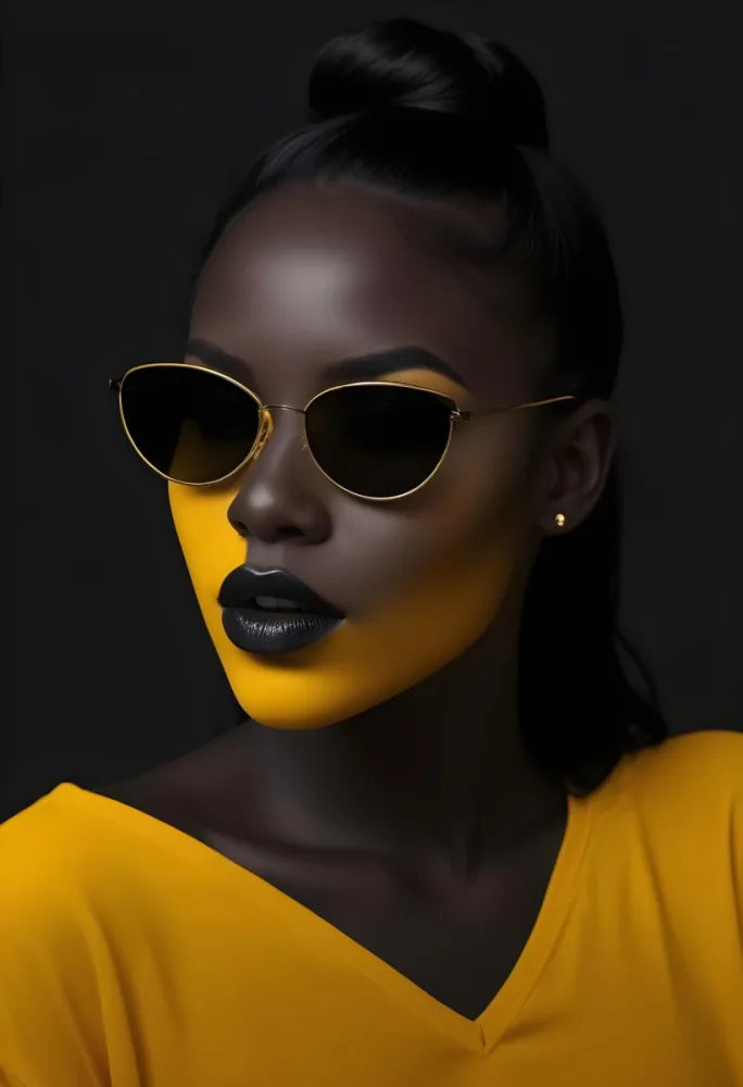 A Black Woman 23 Years Old With Black Hair And Yellow Skin Wearing Black Sunglasses And Black Makeup In A Yellow Background 19 E927