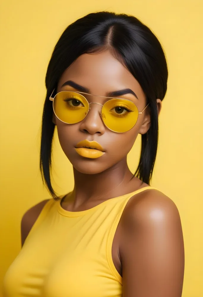 A Black Woman 23 Years Old With Black Hair And Yellow Skin Wearing Black Sunglasses And Black Makeup In A Yellow Background 5 9d2b