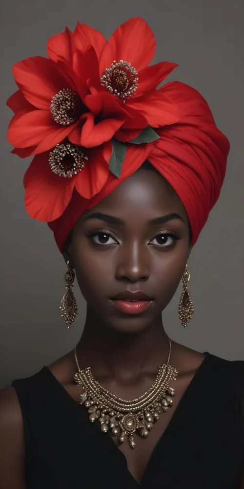 A Black Woman 23 Years Old With Dark Skin Wearing A Red Turban With A Big Red Flower Red Earrings In A Gray Background 10 Dbb4