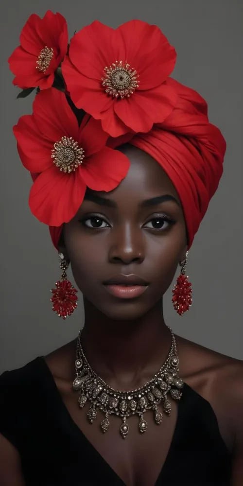 A Black Woman 23 Years Old With Dark Skin Wearing A Red Turban With A Big Red Flower Red Earrings In A Gray Background 19 D1b2