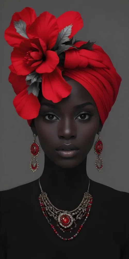 A Black Woman 23 Years Old With Dark Skin Wearing A Red Turban With A Big Red Flower Red Earrings In A Gray Background 20 Ebfa