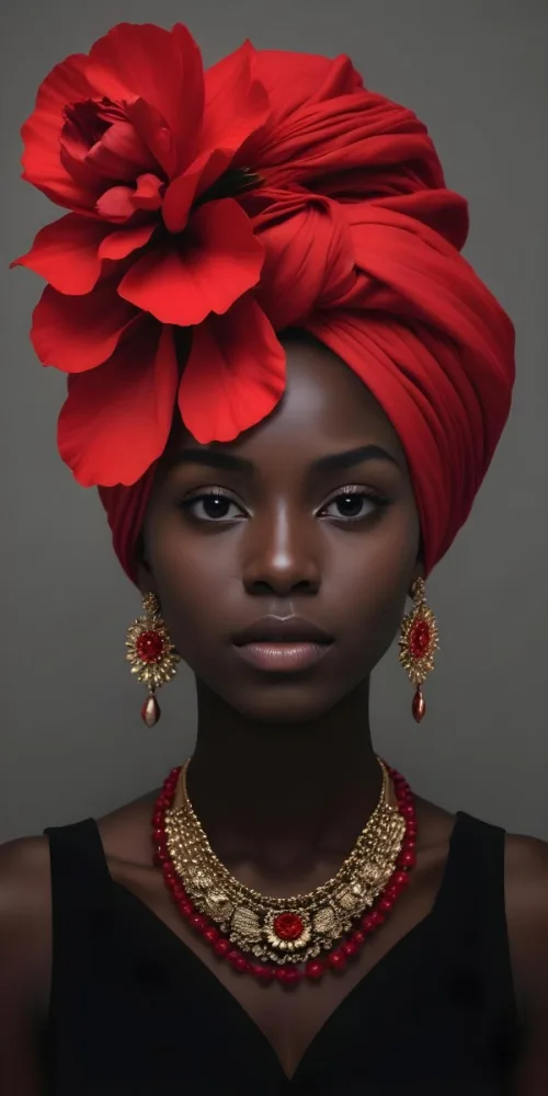A Black Woman 23 Years Old With Dark Skin Wearing A Red Turban With A Big Red Flower Red Earrings In A Gray Background 5 D364