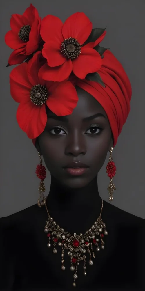 A Black Woman 23 Years Old With Dark Skin Wearing A Red Turban With A Big Red Flower Red Earrings In A Gray Background 7 9441