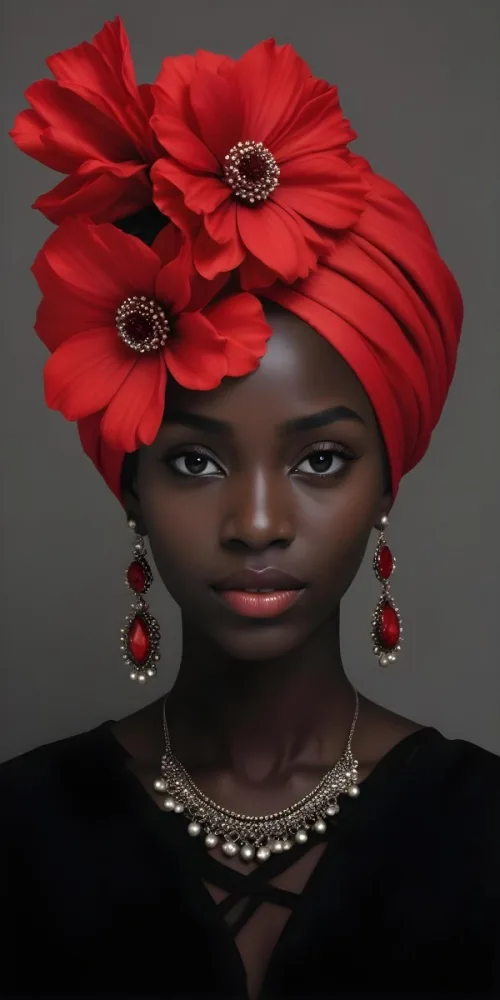 A Black Woman 23 Years Old With Dark Skin Wearing A Red Turban With A Big Red Flower Red Earrings In A Gray Background 8 1ff2