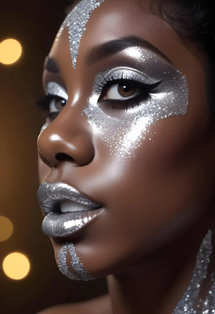 A Black Woman 23 Years Old With Silver Makeup And Glitter On Her Face Silver Lips Dark Brown Background 11 5c4f