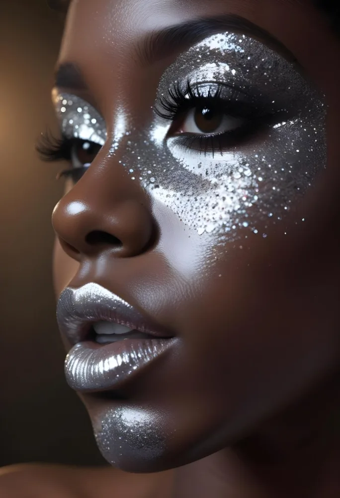 A Black Woman 23 Years Old With Silver Makeup And Glitter On Her Face Silver Lips Dark Brown Background 15 1a55