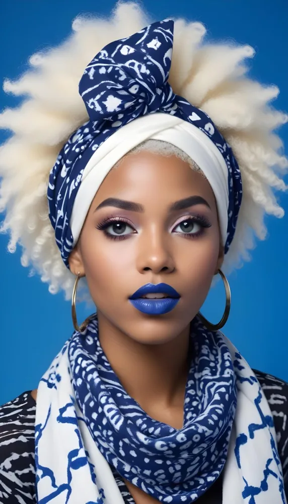 A Black Woman 23 Years Old With White Afro Hair And Black Eyeshadow Wearing A Blue And White Patterned Headscarf And Scarf Blue Lipstick On A Blue Background 10 Cebb
