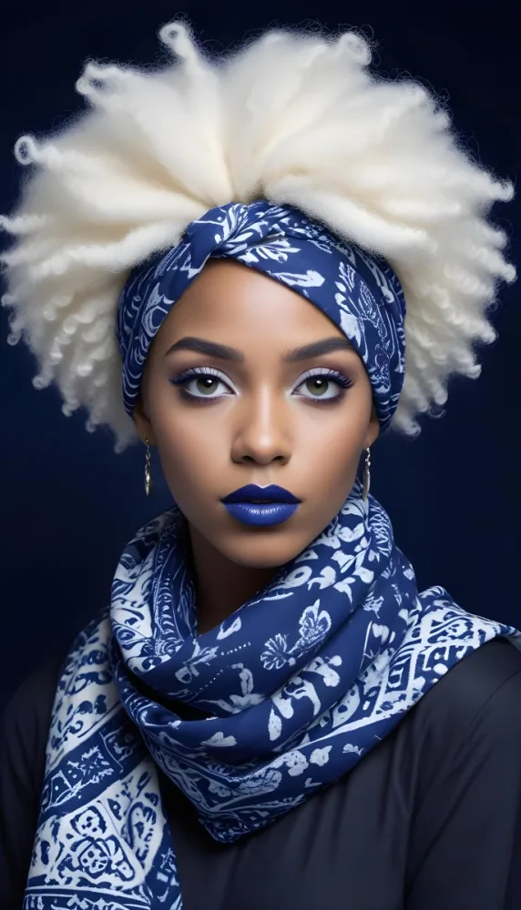 A Black Woman 23 Years Old With White Afro Hair And Black Eyeshadow Wearing A Blue And White Patterned Headscarf And Scarf Blue Lipstick On A Blue Background 20 99c5