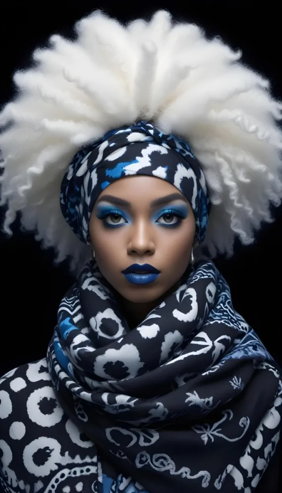 A Black Woman 23 Years Old With White Afro Hair And Black Eyeshadow Wearing A Blue And White Patterned Headscarf And Scarf Blue Lipstick On A Blue Background 7 0834