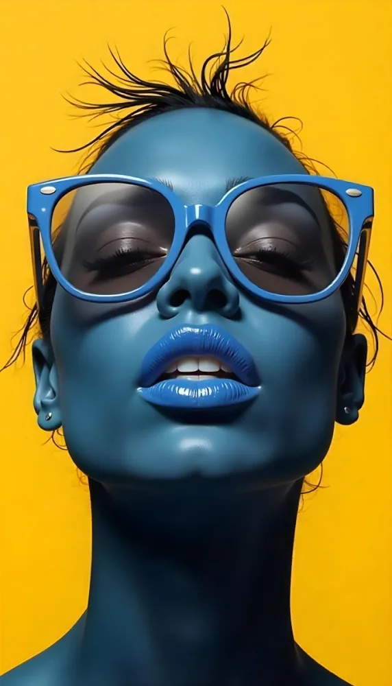 A Black Woman 23 Years Old Yellow Skin Yellow Lips Black Hair Wearing Blue Sunglasses In A Yellow Background 10 0a35