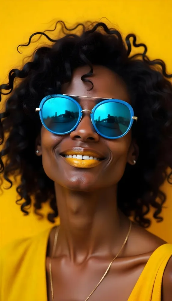 A Black Woman 23 Years Old Yellow Skin Yellow Lips Black Hair Wearing Blue Sunglasses In A Yellow Background 11 9b41