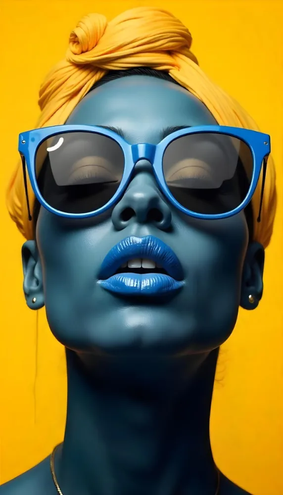 A Black Woman 23 Years Old Yellow Skin Yellow Lips Black Hair Wearing Blue Sunglasses In A Yellow Background 16 4a29