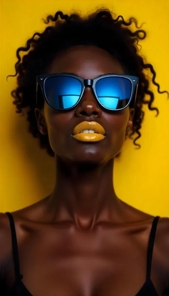 A Black Woman 23 Years Old Yellow Skin Yellow Lips Black Hair Wearing Blue Sunglasses In A Yellow Background 20 B328