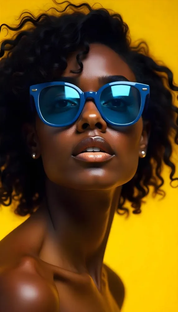 A Black Woman 23 Years Old Yellow Skin Yellow Lips Black Hair Wearing Blue Sunglasses In A Yellow Background 21 9723