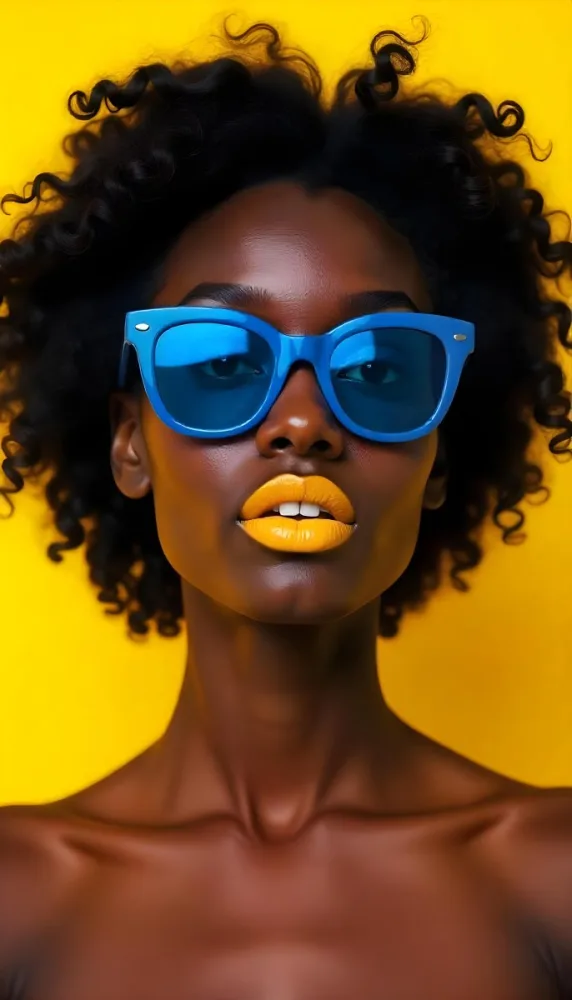 A Black Woman 23 Years Old Yellow Skin Yellow Lips Black Hair Wearing Blue Sunglasses In A Yellow Background 22 E871