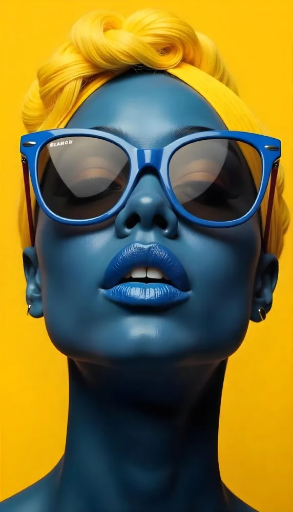A Black Woman 23 Years Old Yellow Skin Yellow Lips Black Hair Wearing Blue Sunglasses In A Yellow Background 4 8a02