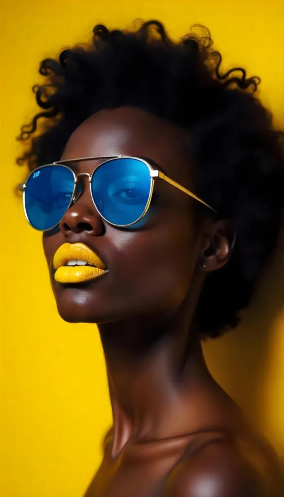 A Black Woman 23 Years Old Yellow Skin Yellow Lips Black Hair Wearing Blue Sunglasses In A Yellow Background 5 A060