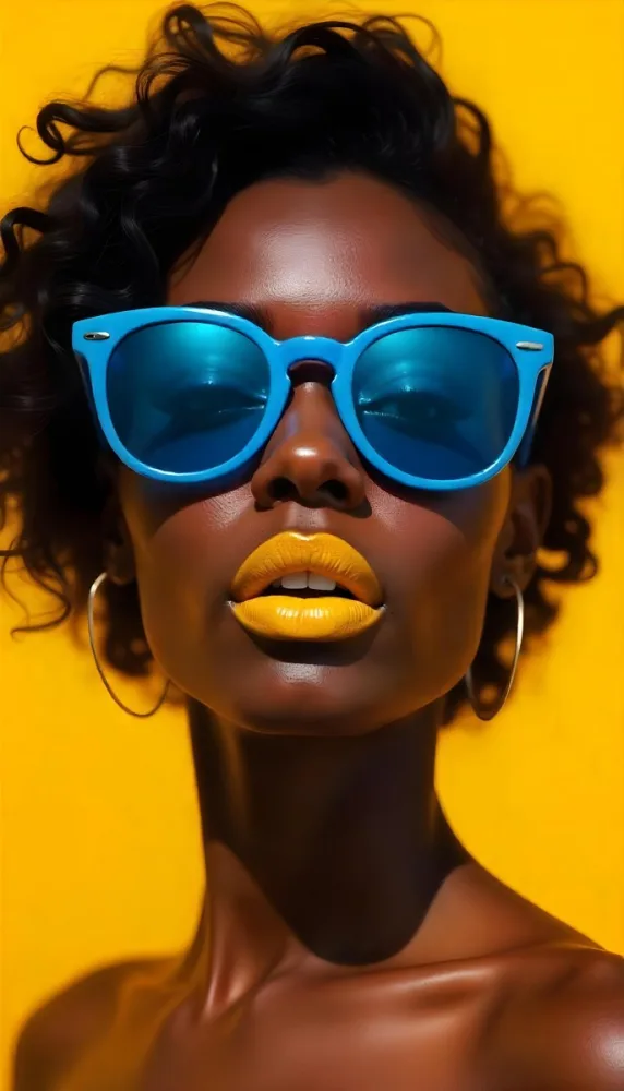 A Black Woman 23 Years Old Yellow Skin Yellow Lips Black Hair Wearing Blue Sunglasses In A Yellow Background 7 Dd77