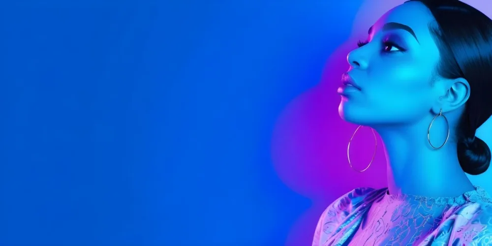 A Black Woman 25 Years Old With A Blue Skin And Big Earrings In A Blue Background 26 Ea84