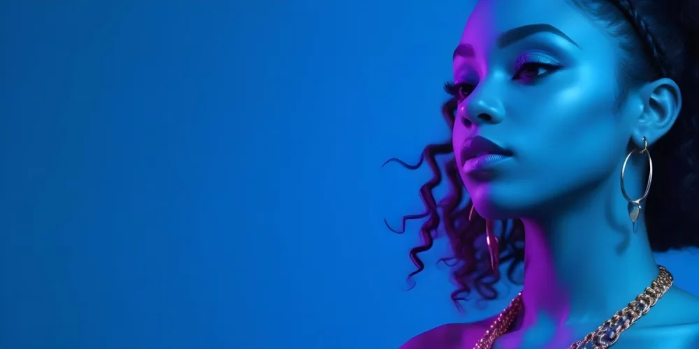 A Black Woman 25 Years Old With A Blue Skin And Big Earrings In A Blue Background 42 24db