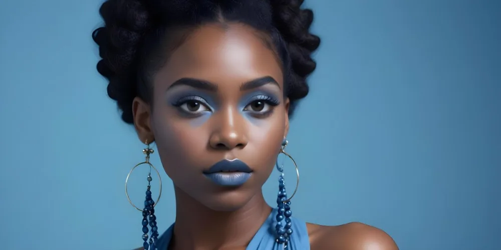 A Black Woman 25 Years Old With A Blue Skin And Big Earrings In A Blue Background 45 3303